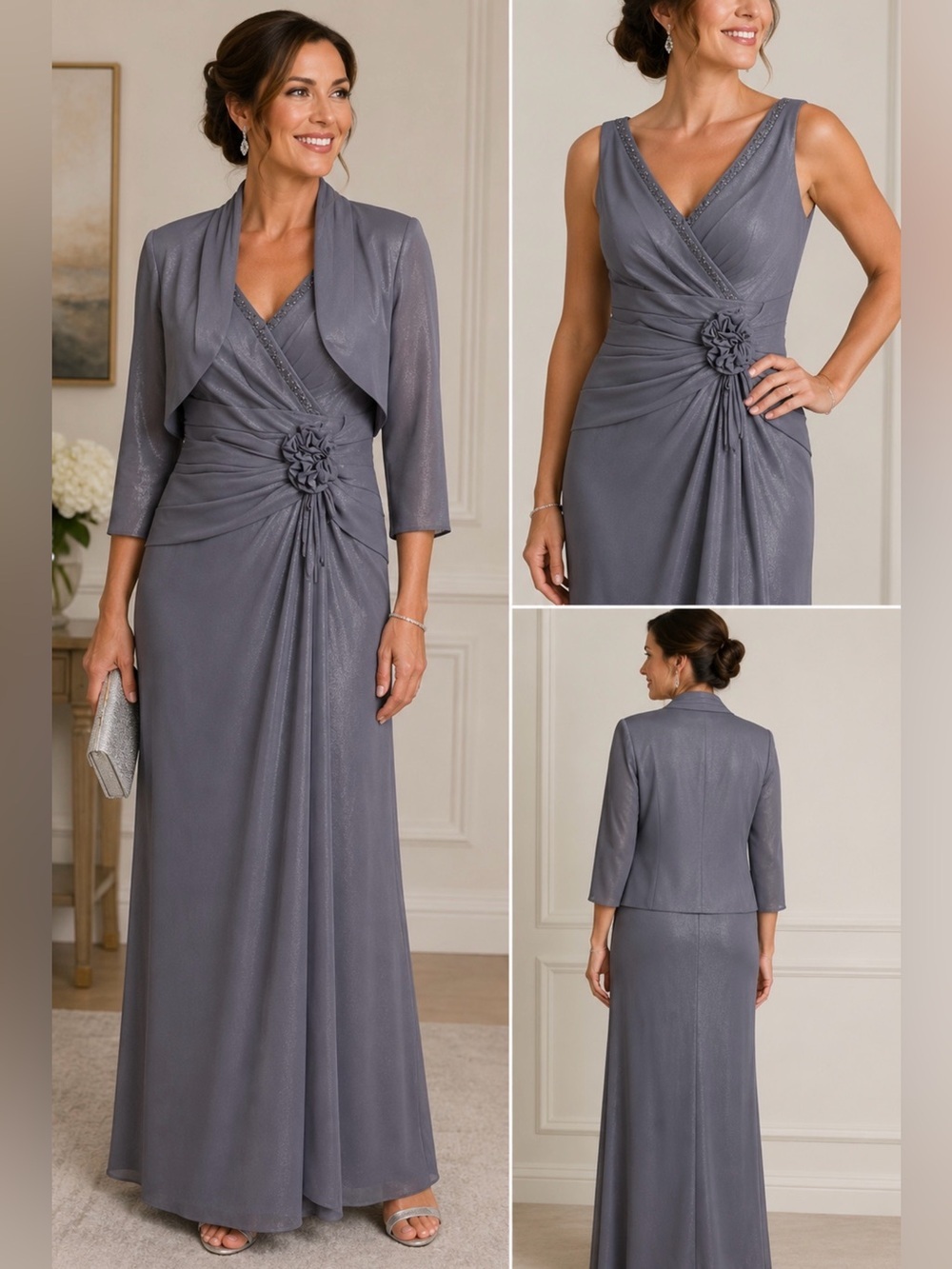 David’s Bridal Gray Evening Gown with Matching Bolero Jacket Size 4